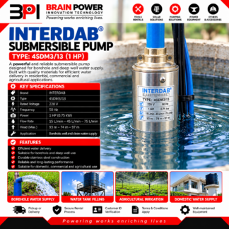 Interdab 1HP Stainless Steel Submersible Borehole Pump – Type 4SDM3/13