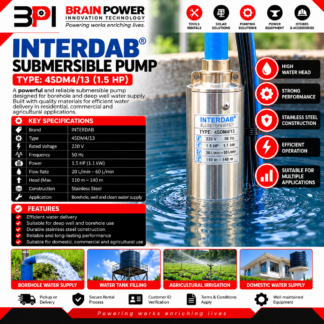 Interdab 1.5HP Stainless Steel Submersible Borehole Pump – 4SDM4/13